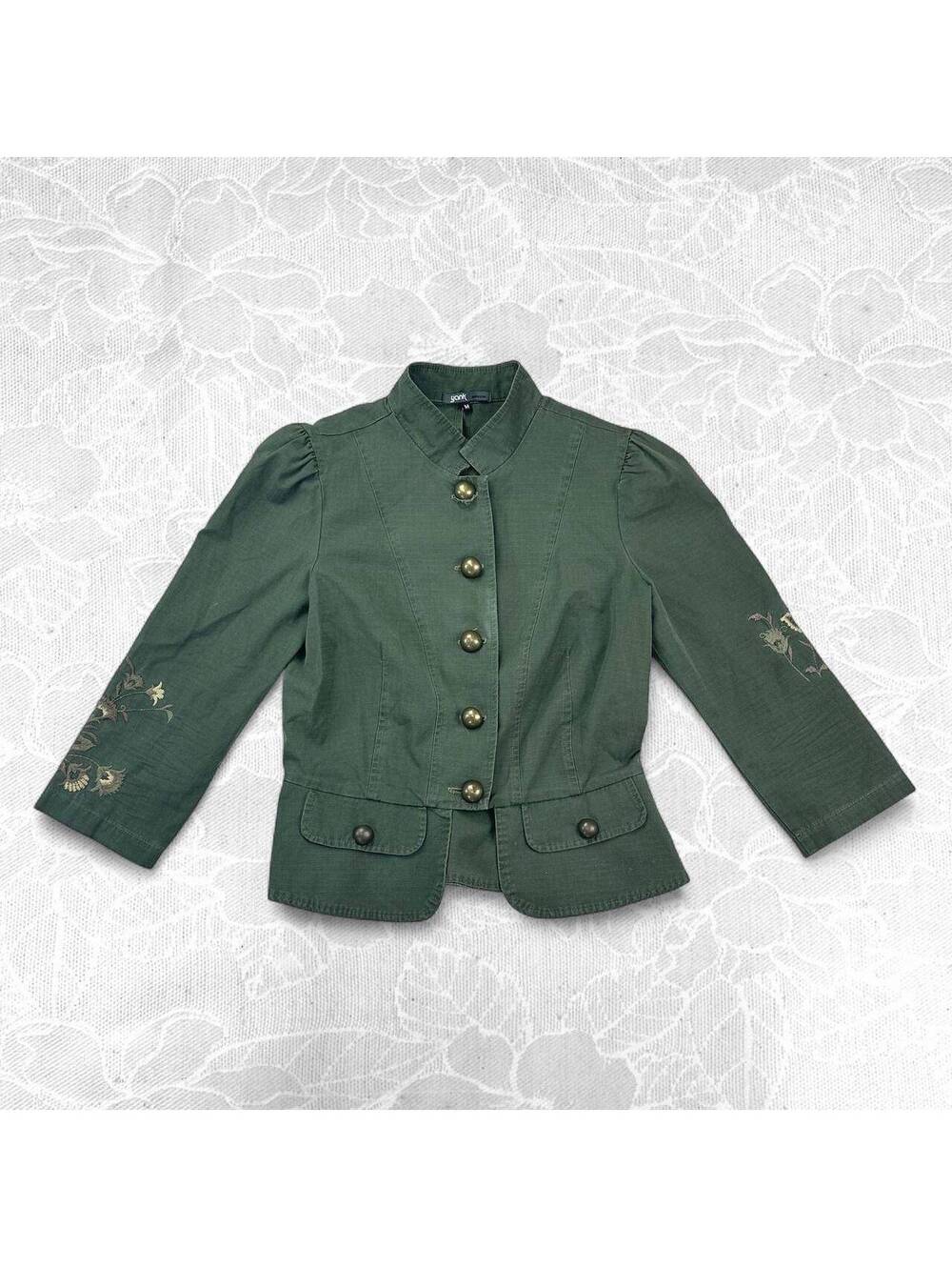 Army Green Embroidered Button-Up Military Style Jacket - M